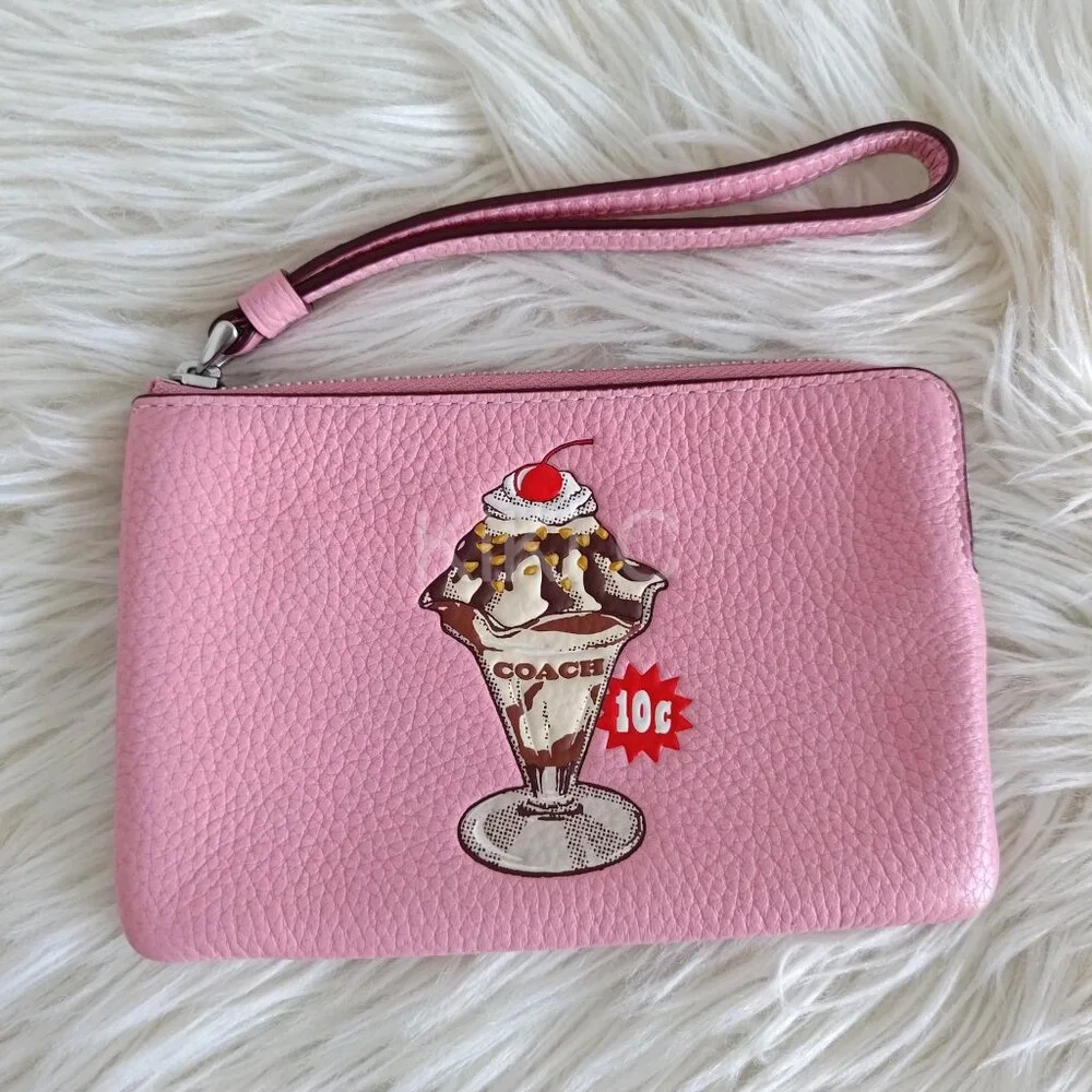 Coach Corner Zip Wristlet With Sundae Graphic CU254 pink ice cream